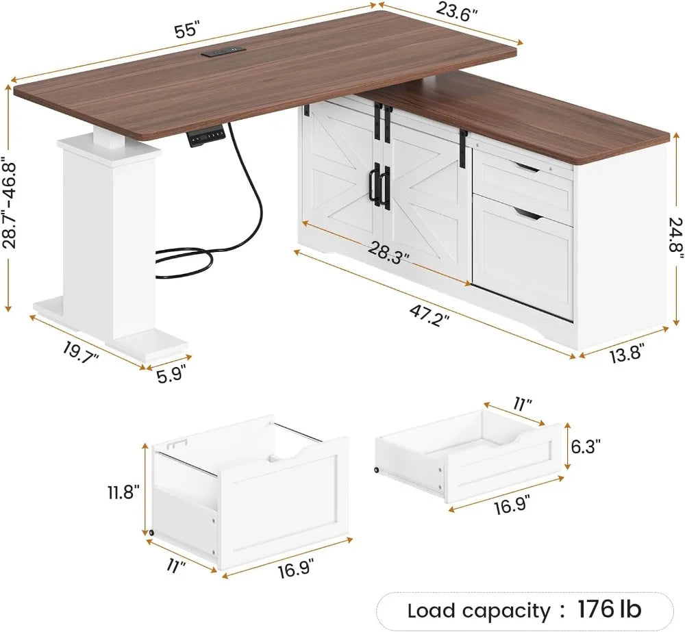 L-Shaped Adjustable Standing Desk with Storage Drawers Power Outlets and Farmhouse Design for Home Office - United