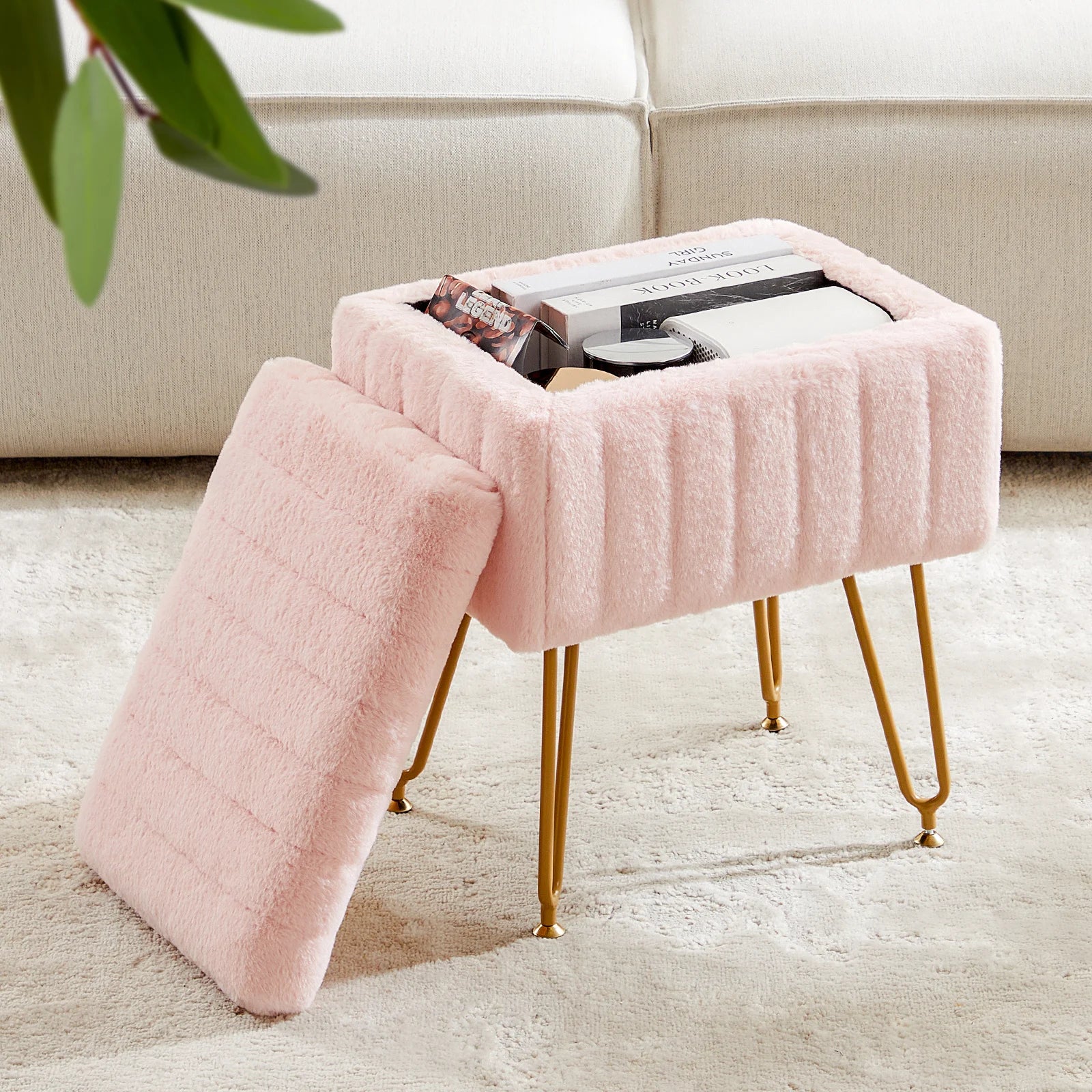 JHK Faux Fur Living Room Hidden Storage Stools & Ottomans Padded Makeup with 4 Metal Legs Anti-Slip Adjustable Feet