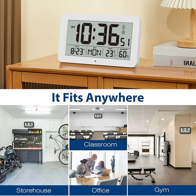 Large Digital Wall Clock with Temperature Humidity Calendar 8.5’’Desk LCD Alarm Clock Backlight for Bedroom Office