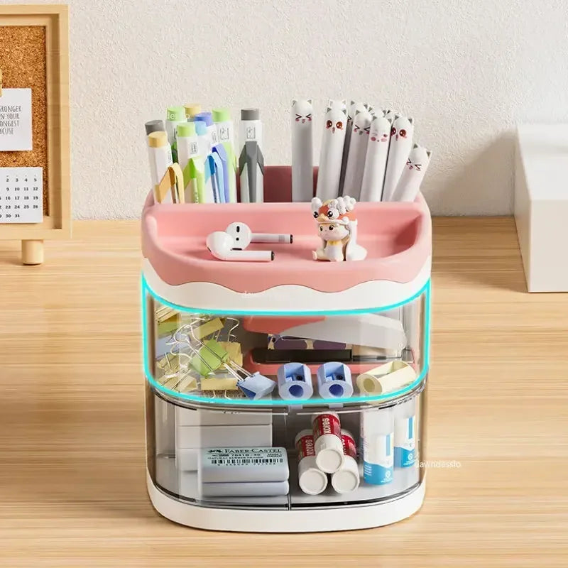 Practical Multi-Functional Desk Organizer Pen Holder Double Layers Rotating Pencils Storage Rack Student Cosmetics
