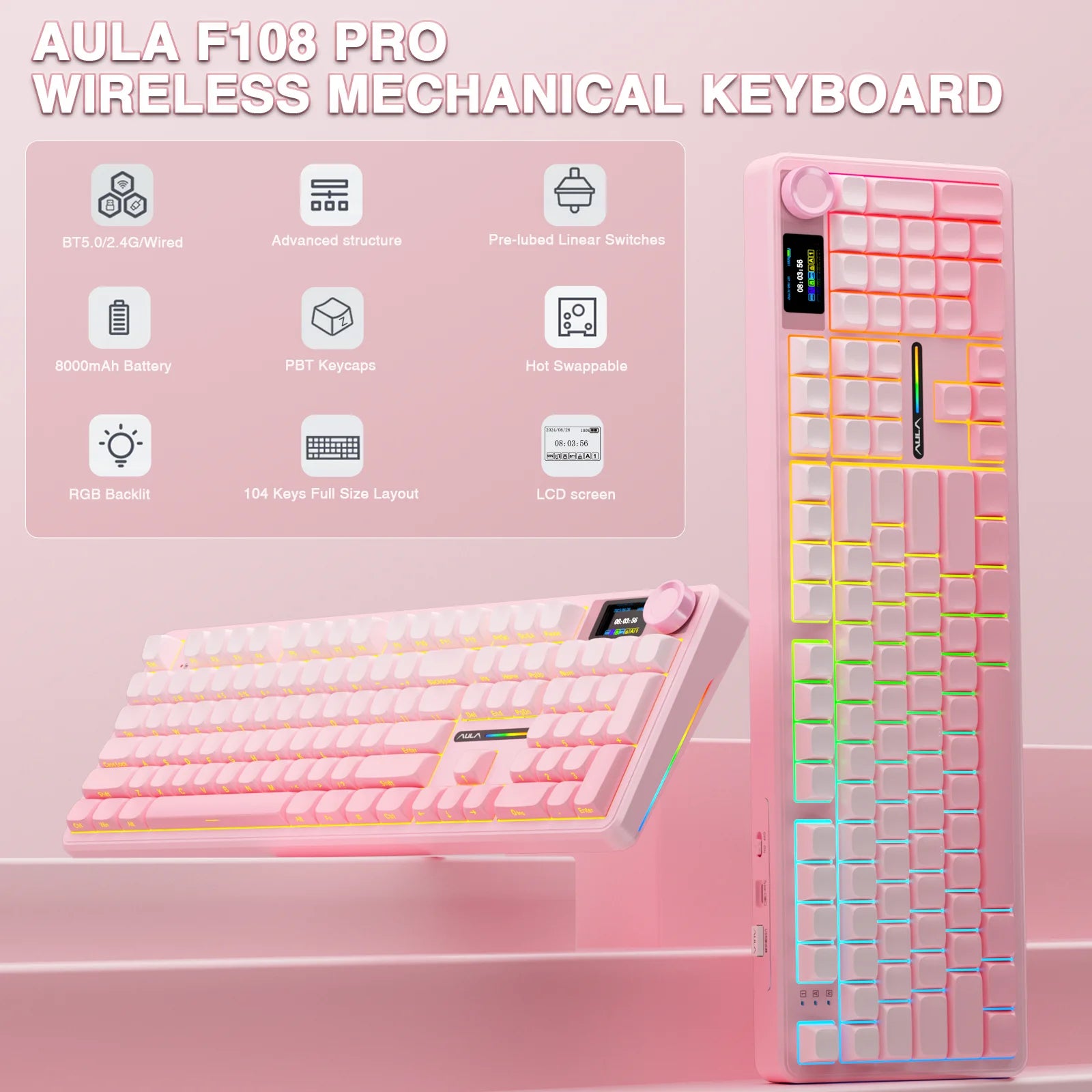 AULA F108 pro Wireless Bluetooth Keyboard Macro Gaming keyboard Gasket Hot-swap Full Size Keyboard with TFT Smart