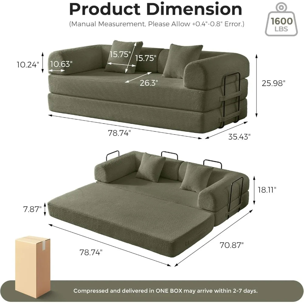 79’’ Compression Sofa Convertible Sleeper Sofa Bed Couch Bed with Fixed-Shape Frame Corduroy Floor Sofa Couches