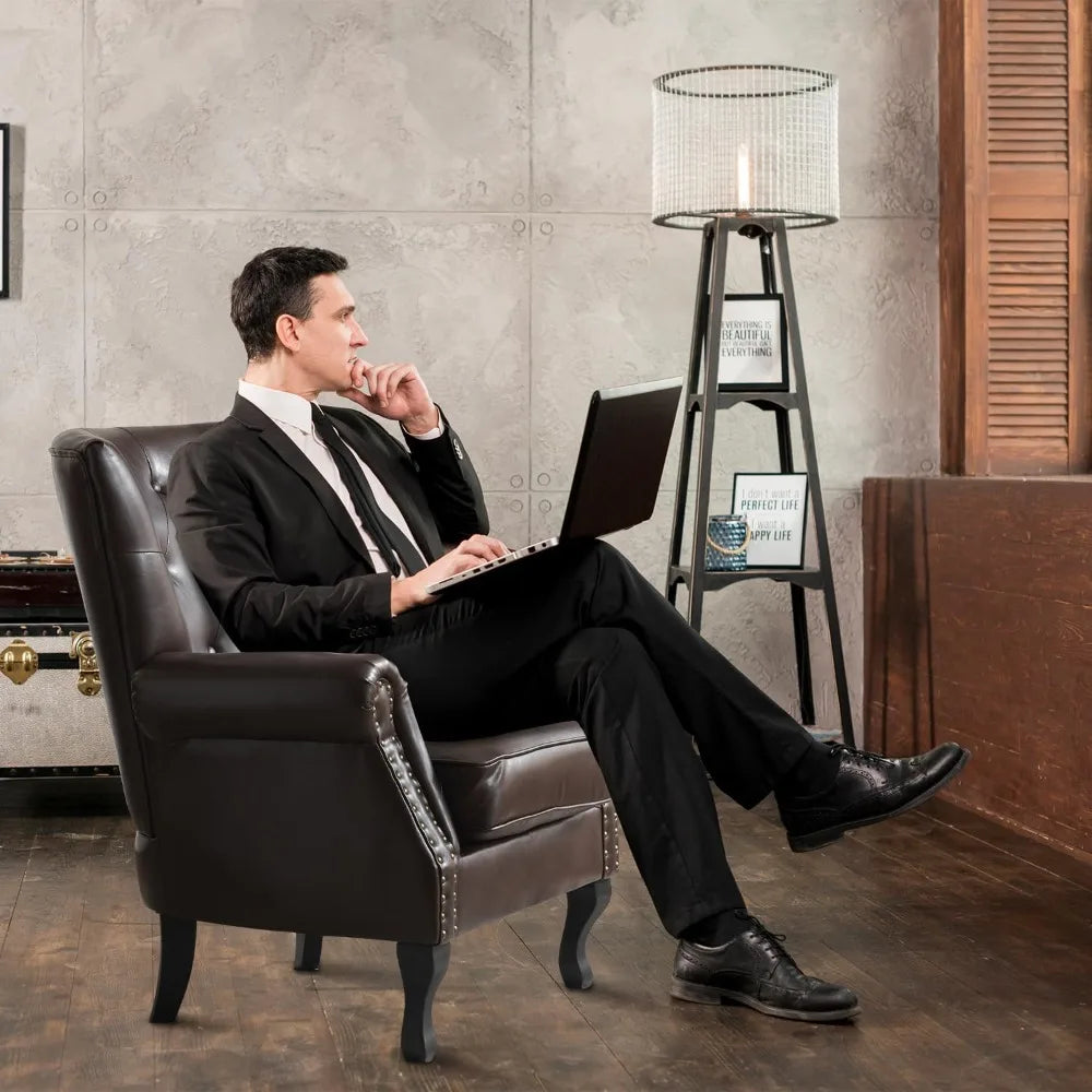 PU Leather Accent Chair Mid-Century Modern Armchair Living Room Club Chair with Tufted Button & Rivet Trim Upholstered