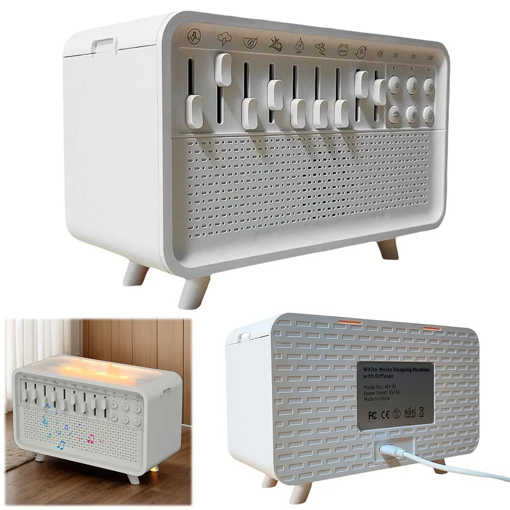 White Noise Machine Flame Air Diffuser Humidifier with 8 Nature Sounds BT Speaker Night Light Essential Oil Diffuser