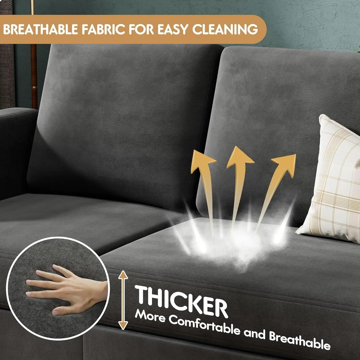 Sofa Couch 3 Seat L-Shaped Sofa with Linen Fabric Ottoman Small Couch for Small Apartments Living Room and Office (Dark