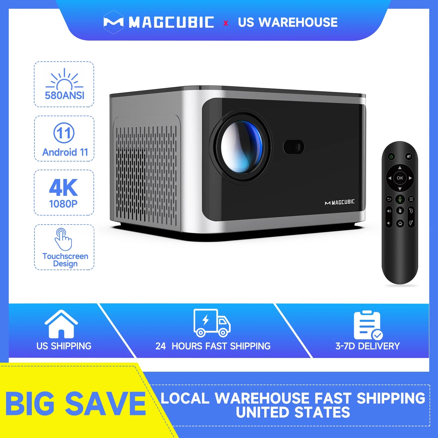 Magcubic HY350 Pro Projector Android 11 4K 1080P 580ANSI Wifi6 Voice Control Allwinner H713 Electronic Focus BT5.0 Home