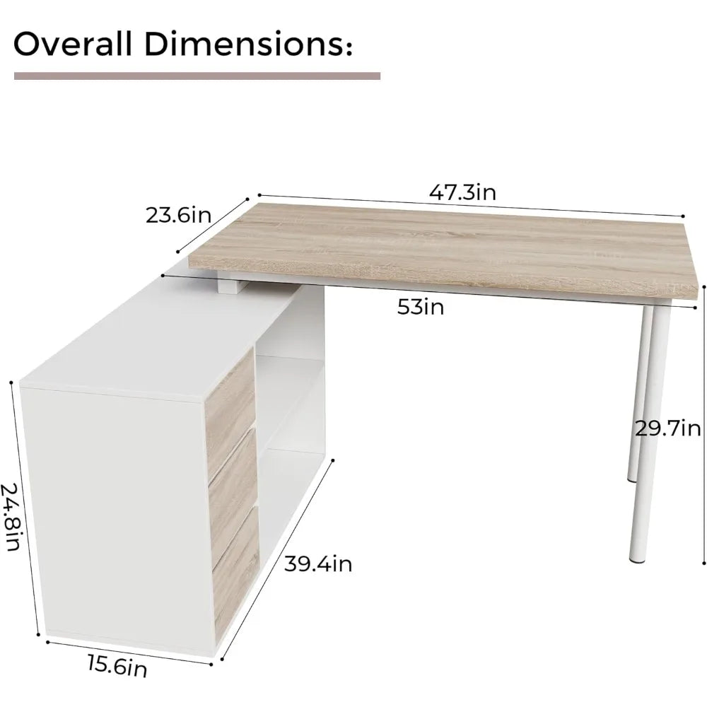 Home Office Computer Desk Corner Desk with 3 Drawers and 2 Shelves 53-inch L-Shaped Study Desk with Storage