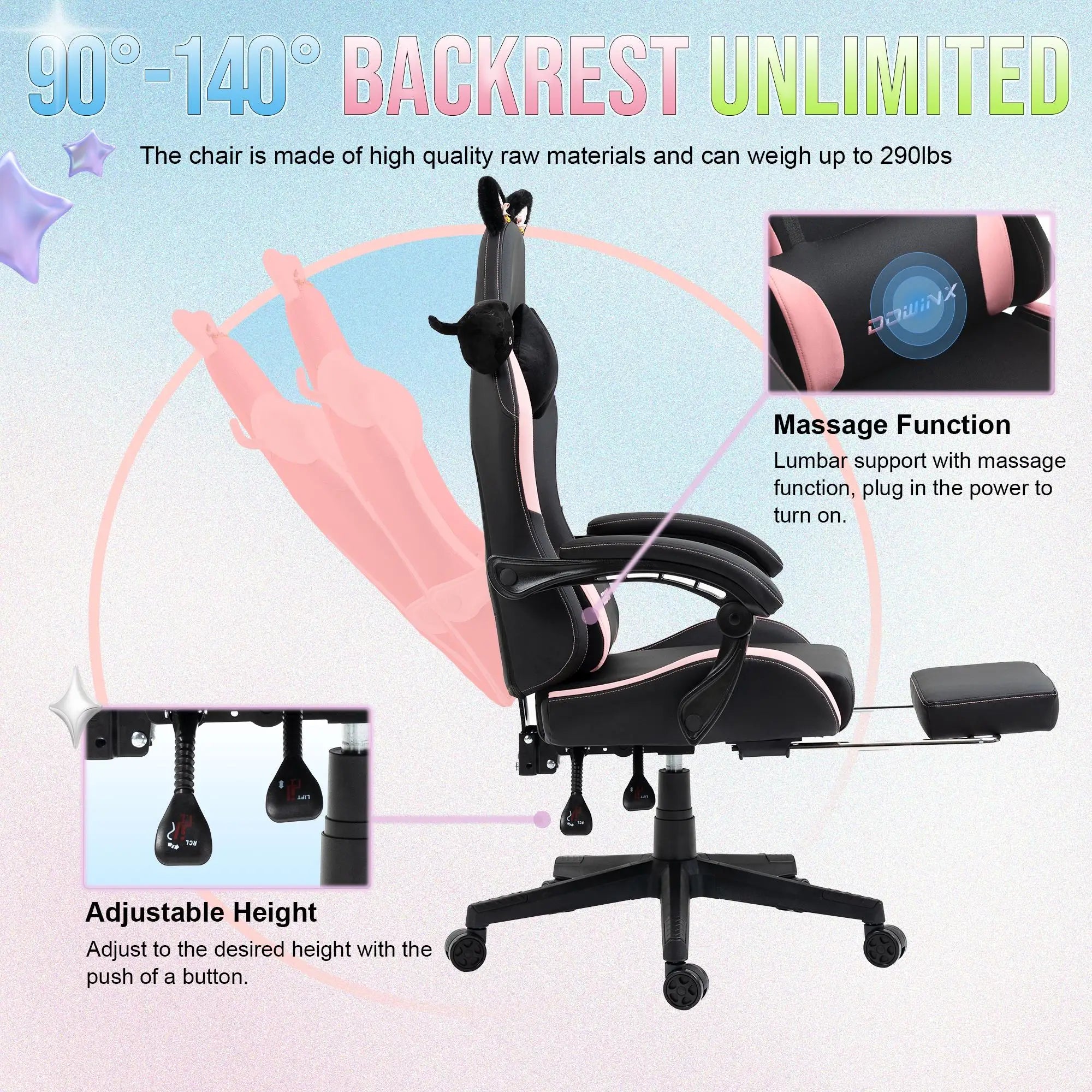 Dowinx Gaming Chair Cute with Cat Ears and Massage Lumbar Support Ergonomic Computer Chair for Girl with Footrest