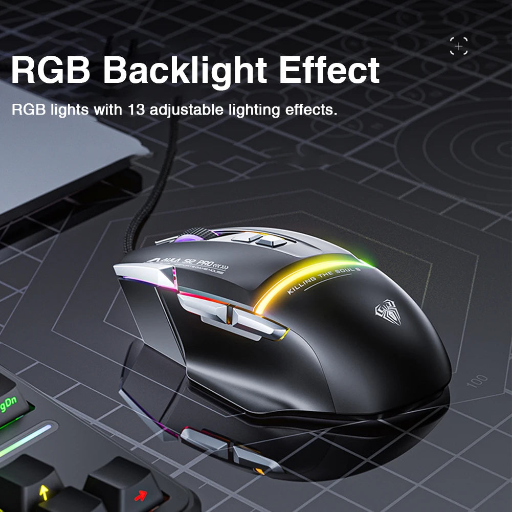 AULA S12Pro Gaming Mouse 12800DPI 1000Hz Return Wired 8 Buttons Macro Mouse for E-sports Ergonomic Design RGB Backlit