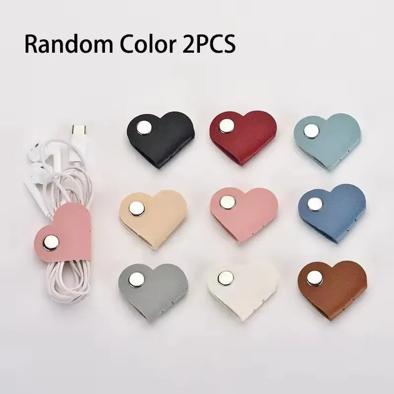 Multifunctional PU Leather Phone Data Cable Organizer Data Storage Heart-shaped Cable Clip Hub Wired Headphone Winding
