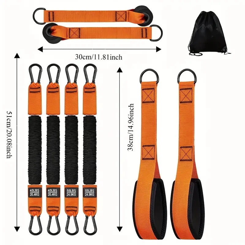 Home fitness equipment. A resistance band used for downward pressure and other exercises to shape your triceps