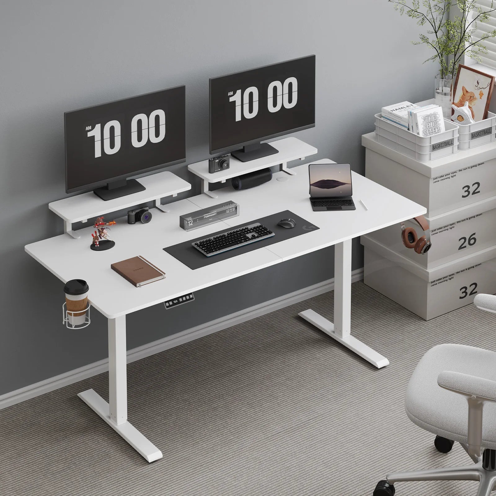 Standing Desk w/ 2 Adjustable Monitor Shelves,Electric Stand Up Desk with Memory Controller & Adjustable Height - 63