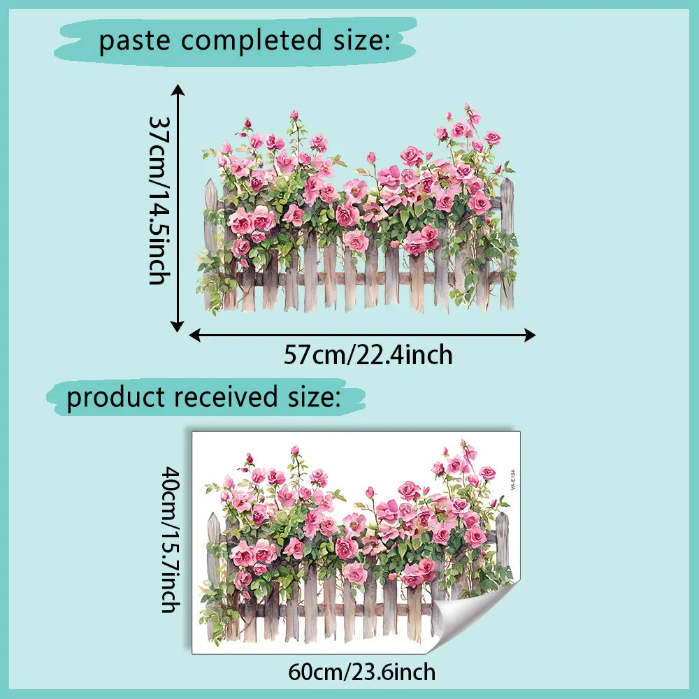 Pink Rose Fence Flowers Wall Art Decor Living Room Self Adhesive Wall Stickers for Bedroom Office Decoration - 40 x 60cm