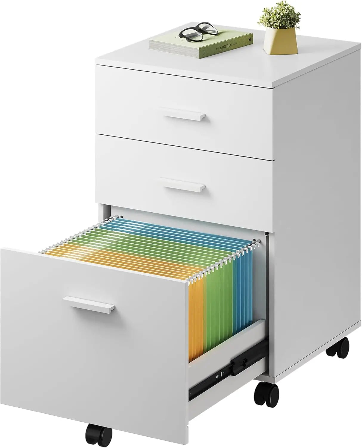 3 Drawer Wood Mobile File Cabinet Rolling Filing Cabinet for Letter/A4 Size - White-16.2W25.7H / United States