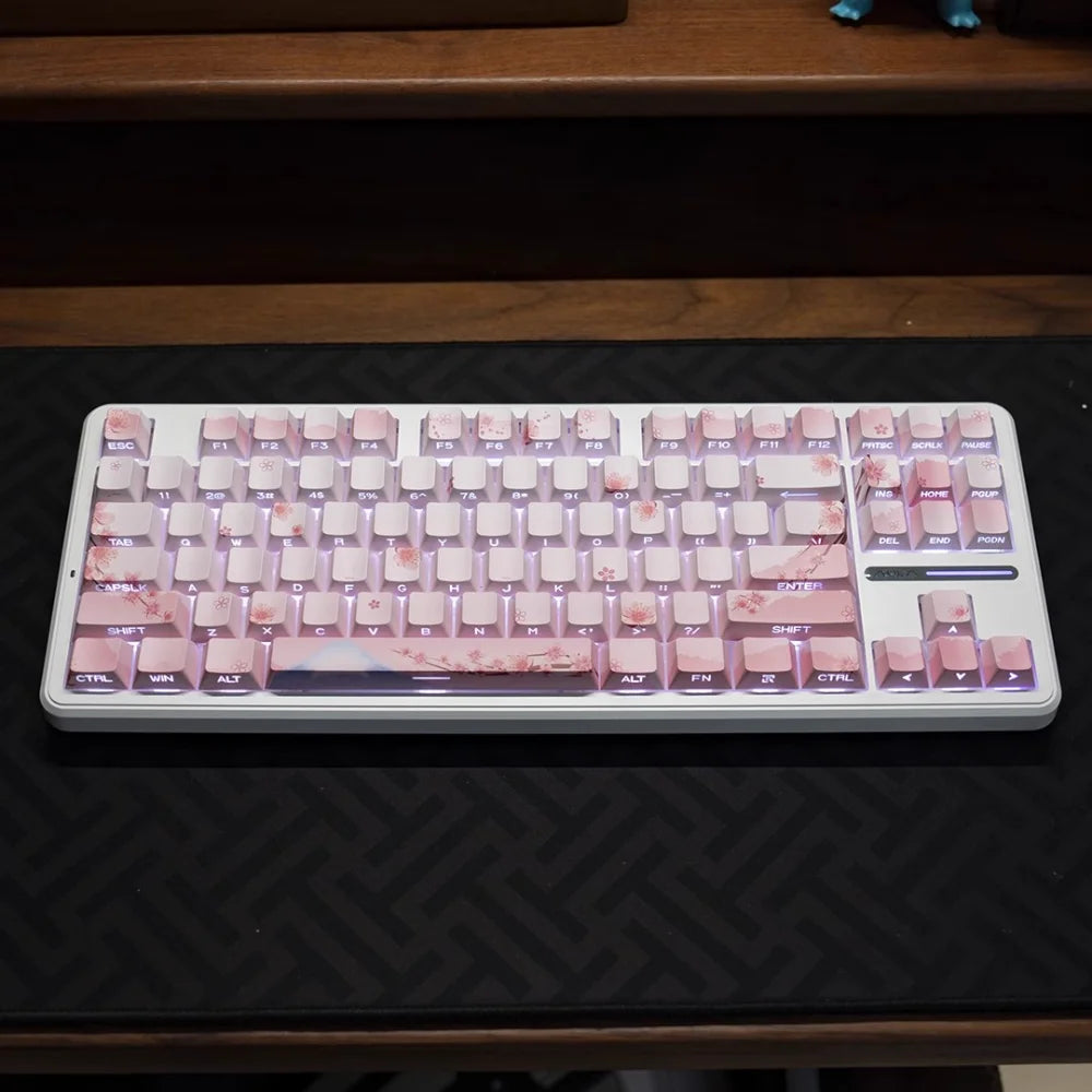 Pink Cherry Blossom Keycap with Side Engraved Translucent PBT 127 Keys Compatible with MX Mechanical Keyboard 61 75 86