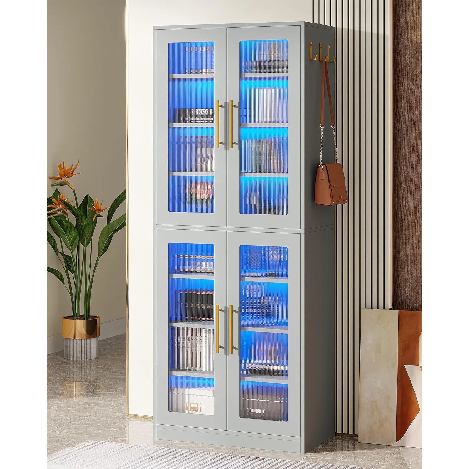 Bookcase with Doors and LED Light 67-inch Tall Bookshelf with 8-Tier Shelves for Living Room Bathroom Office Kitchen