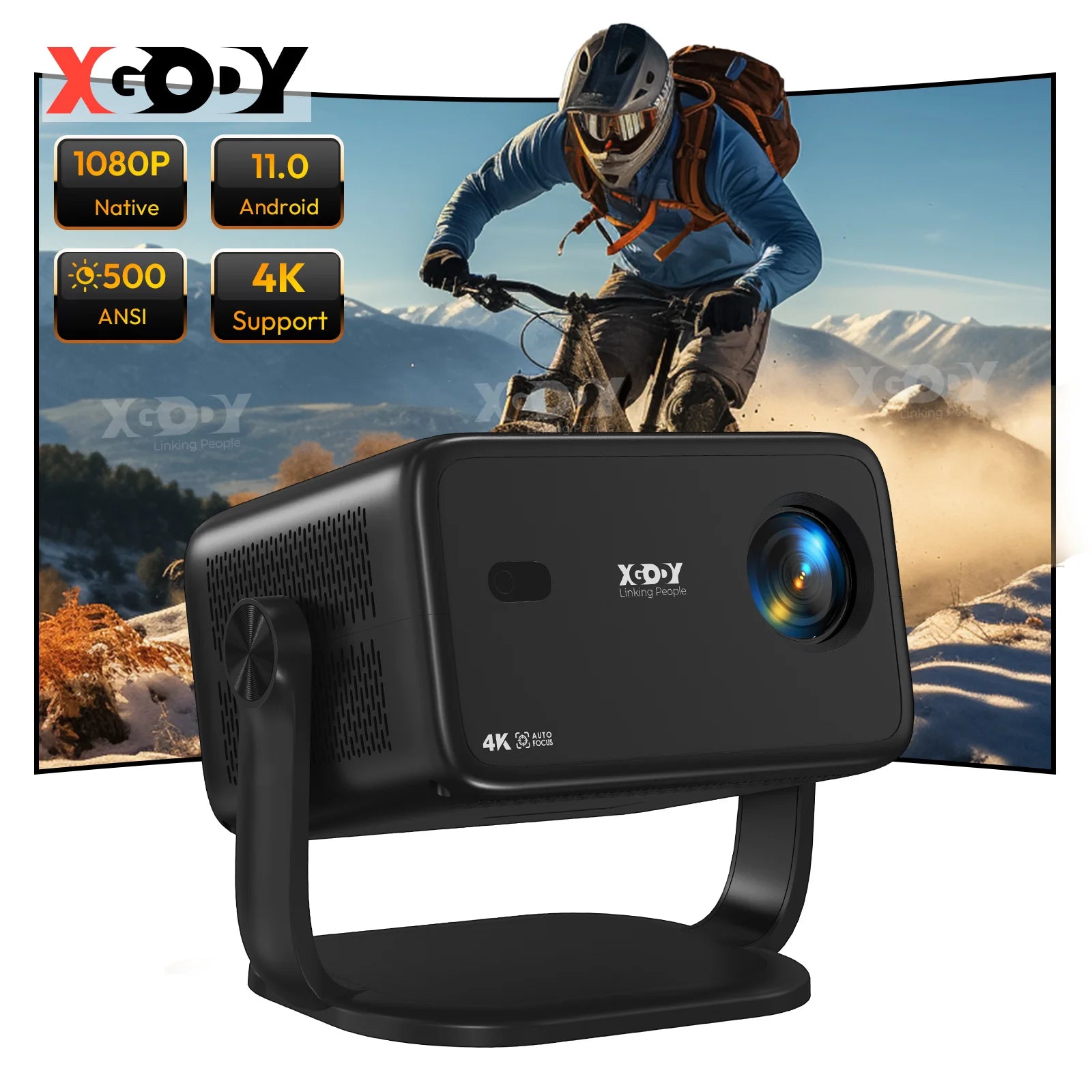 XGODY 4K Native 1080P AUTO Focus WiFi6 Android 11 Projector 500 ANSI HD Home Theater Cinema for Home - black / UNITED