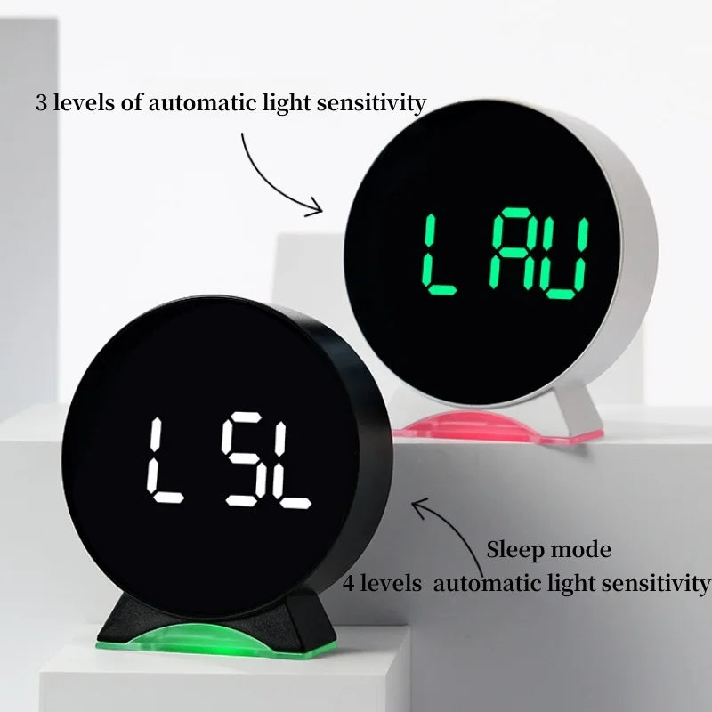 LED Digital Alarm Clock Week Date Second Hand Display Brightness Adjustable 2 Alarms Table Ambient Light 12/24H