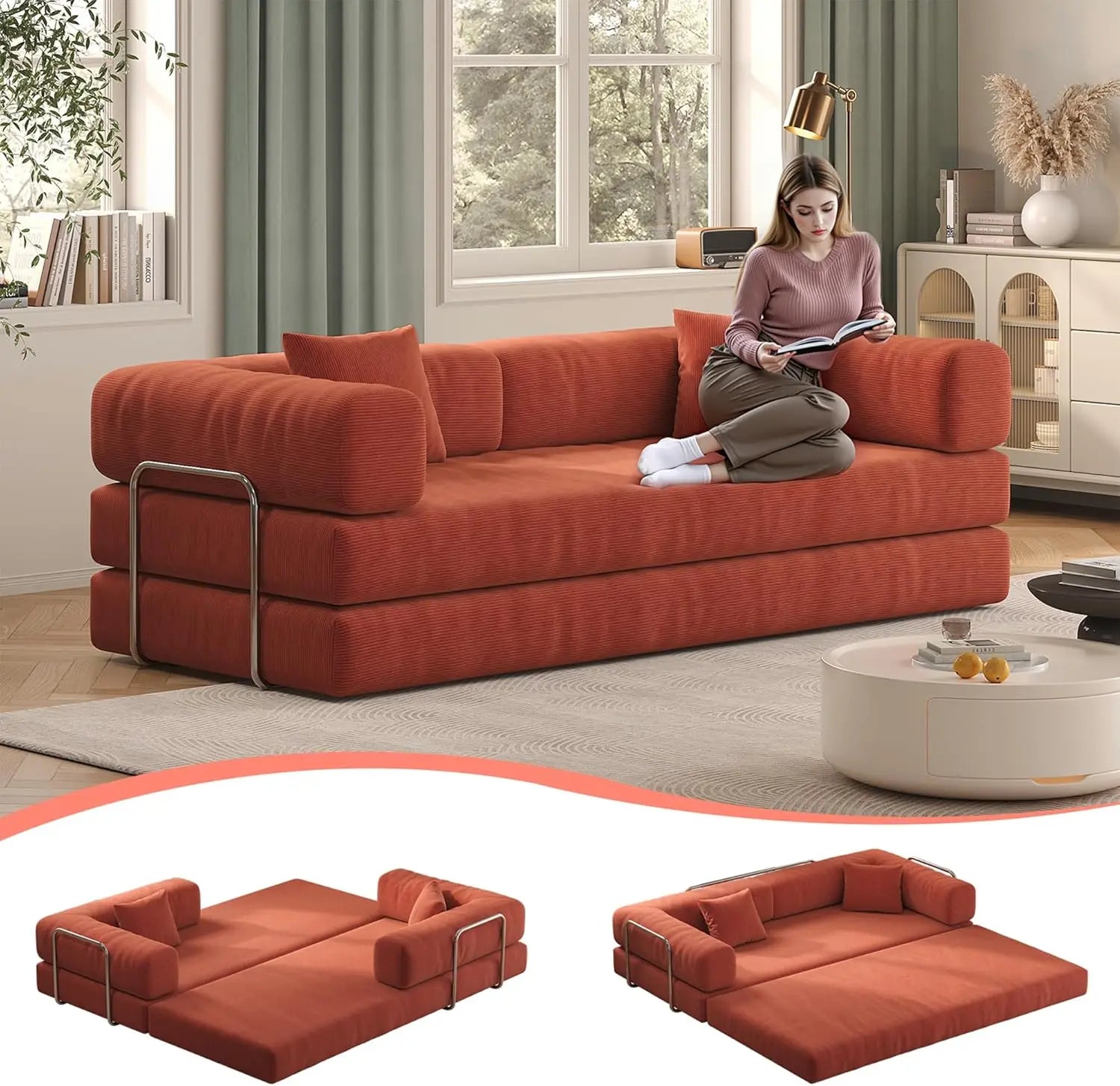 79’’ Convertible Sofa Bed with Pillows Corduroy Folding Sleeper Sofa with Fixed-Shape Frame Boneless Couch for Living