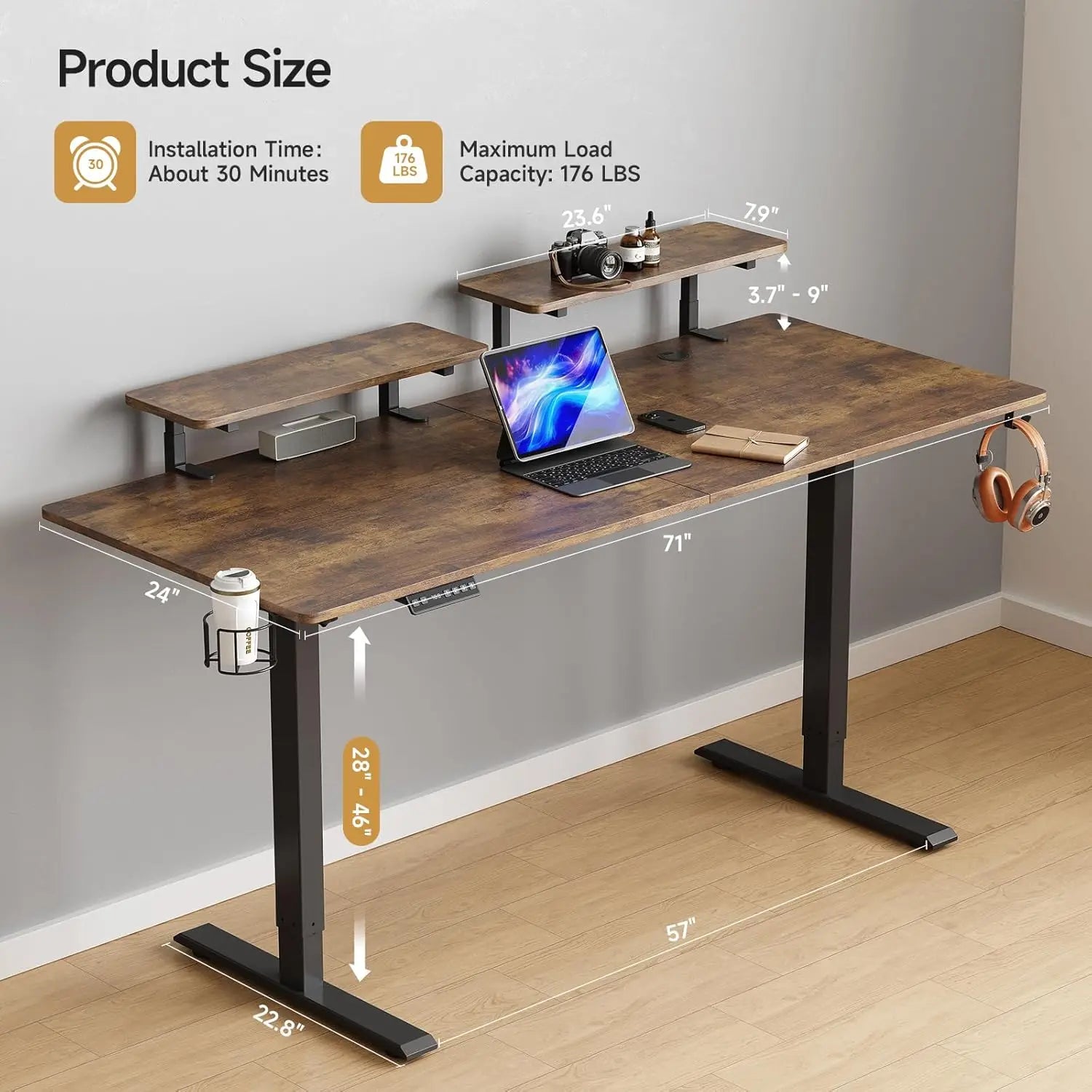 Standing Desk w/ 2 Adjustable Monitor Shelves,Electric Stand Up Desk with Memory Controller & Adjustable Height - 71