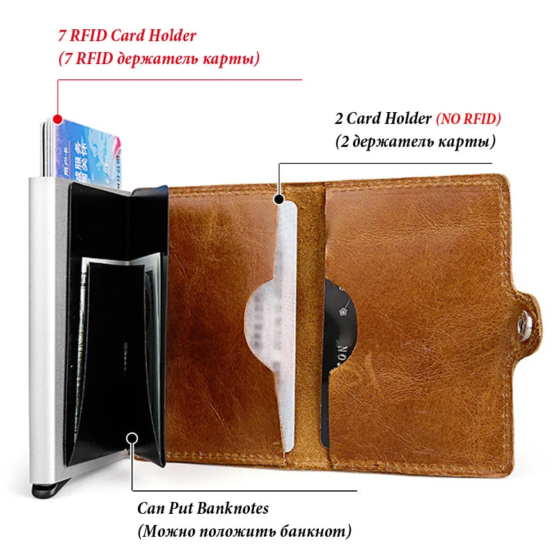 HUMERPAUL Hot Genuine Leather Credit Pop-up Card Holder Wallet Men Metal RFID Blocking Aluminium Bussiness Bank