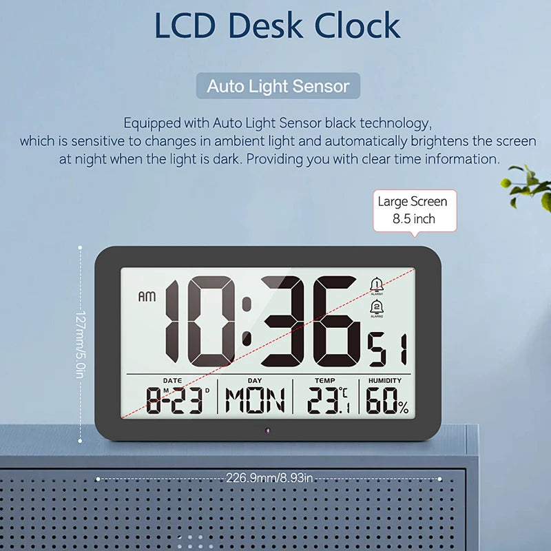 Large Digital Wall Clock with Temperature Humidity Calendar 8.5’’Desk LCD Alarm Clock Backlight for Bedroom Office