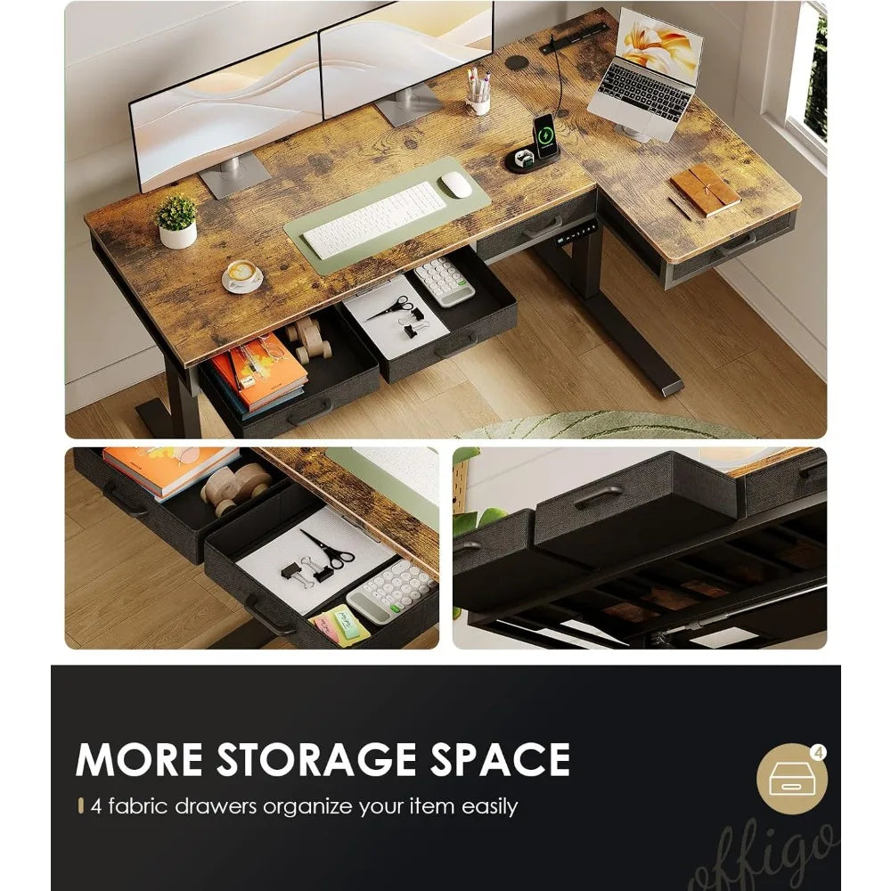 L Shaped Electric Standing Desk with Drawers Height Adjustable Large Desk with Power Outlets Sit Stand Table,