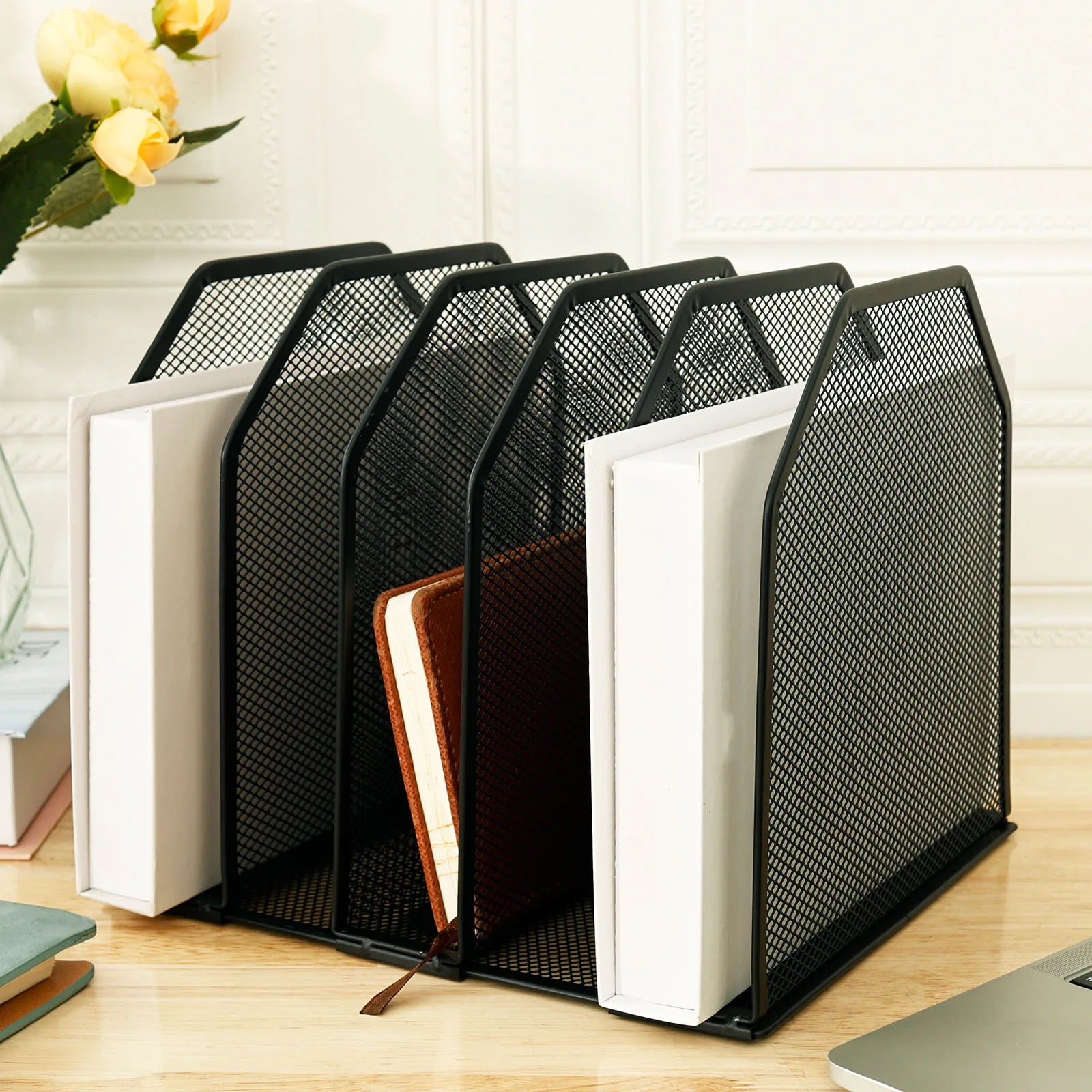 5/7 Metal File Rack Standing Desktop File Folder Adjustable Mesh File Folder Sorter for Office Home Classroom