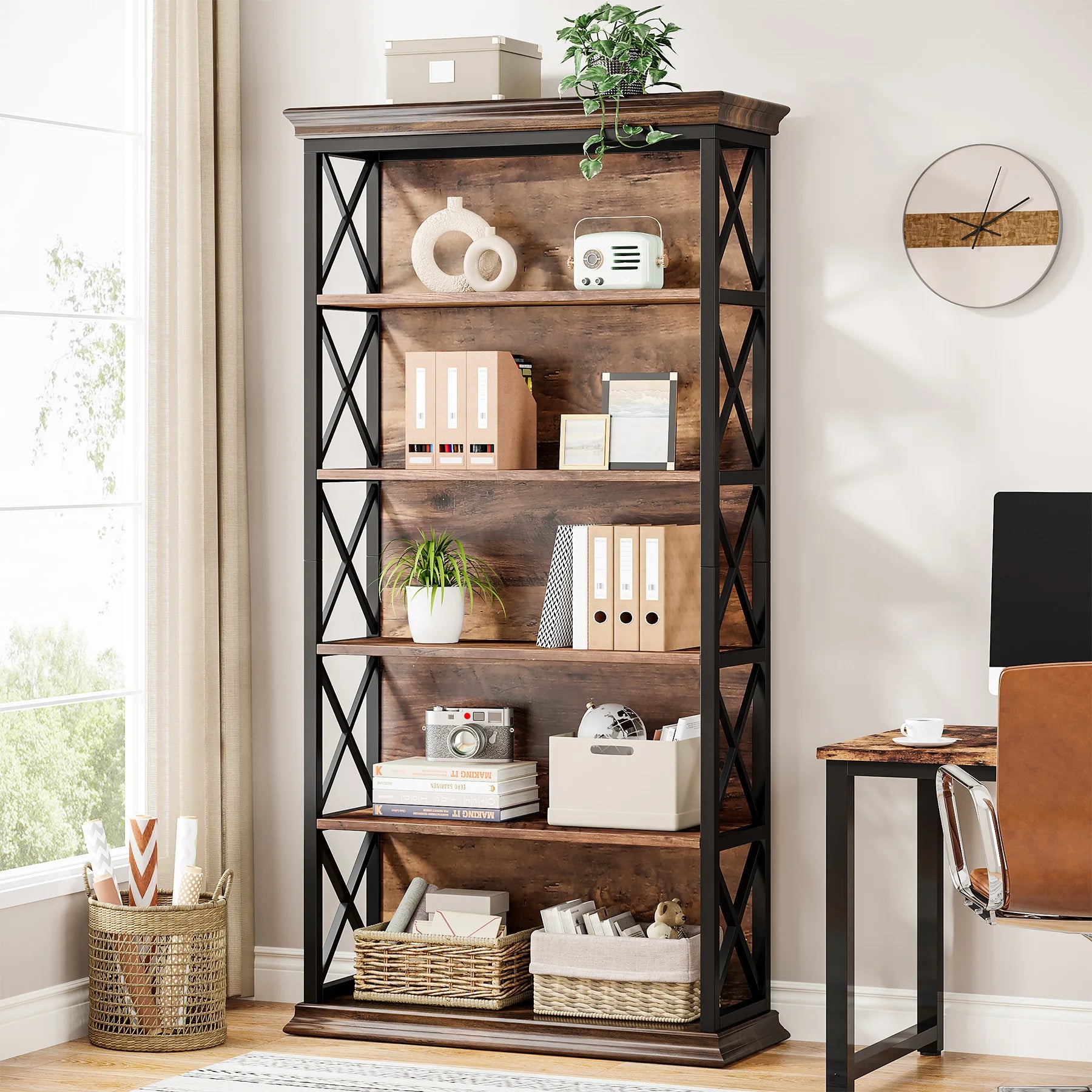 Tribesigns 6-Tier Bookcase 71 Inches Industrial Bookshelves and Bookcases Floor Standing 5 Shelf Display Storage Shelves