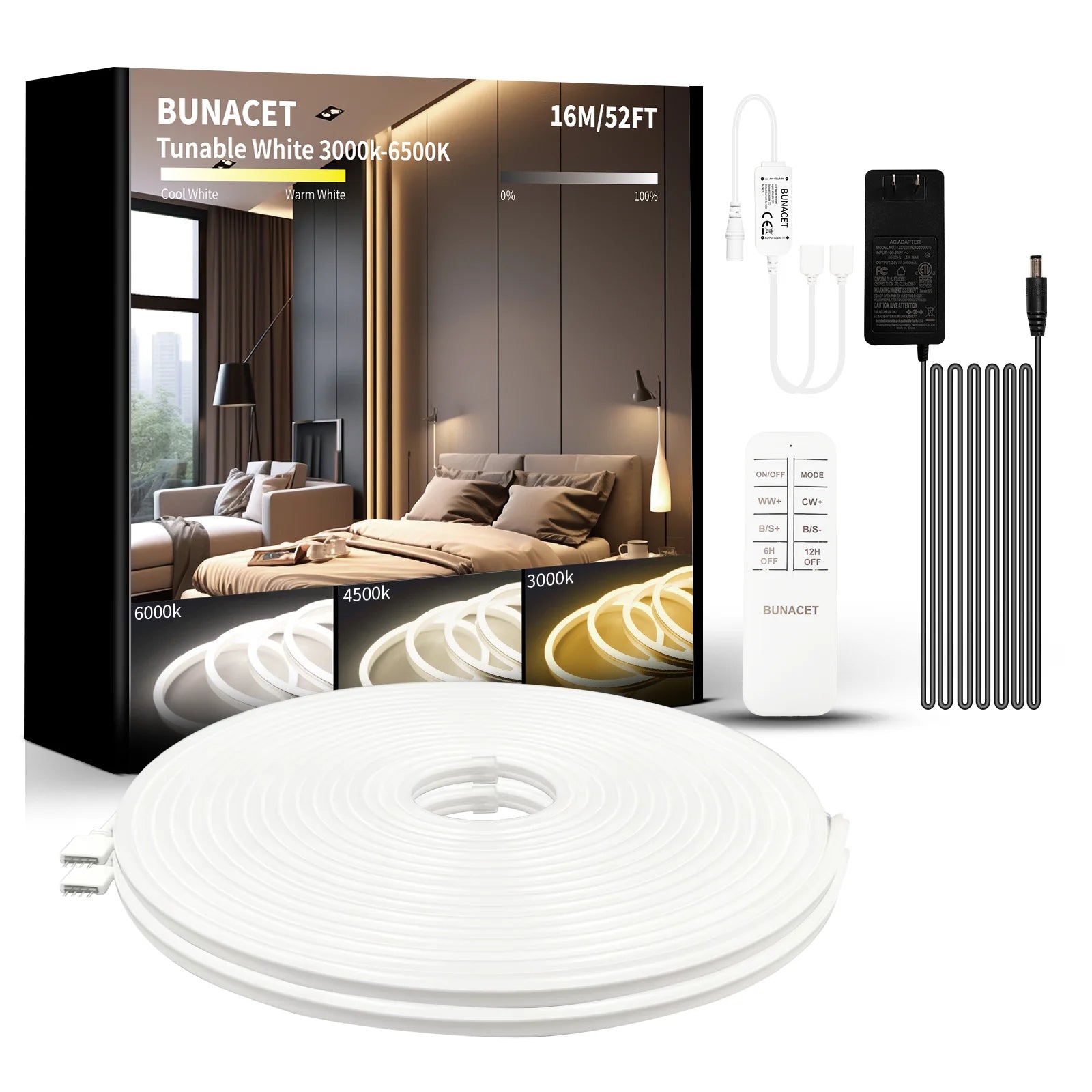 Outdoor Led Strip Lights 8M 16M 3000K-6500K IP67 Waterproof Tunable Lights RF Remote with 24V DC Dimmable Neon Rope