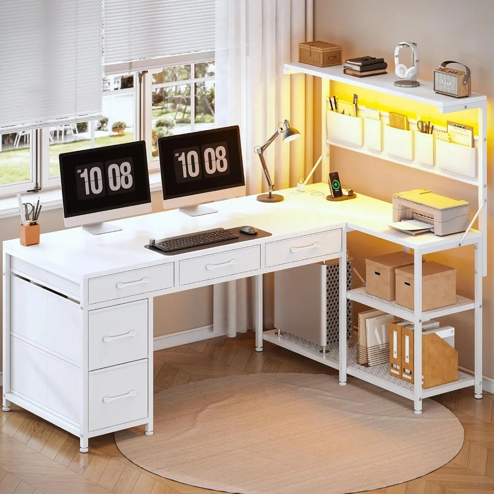 Corner Computer Desk Reversible L Shaped Computer Desk with Fabric Drawers and Power Outlet 47.2” Gaming Desk with LED