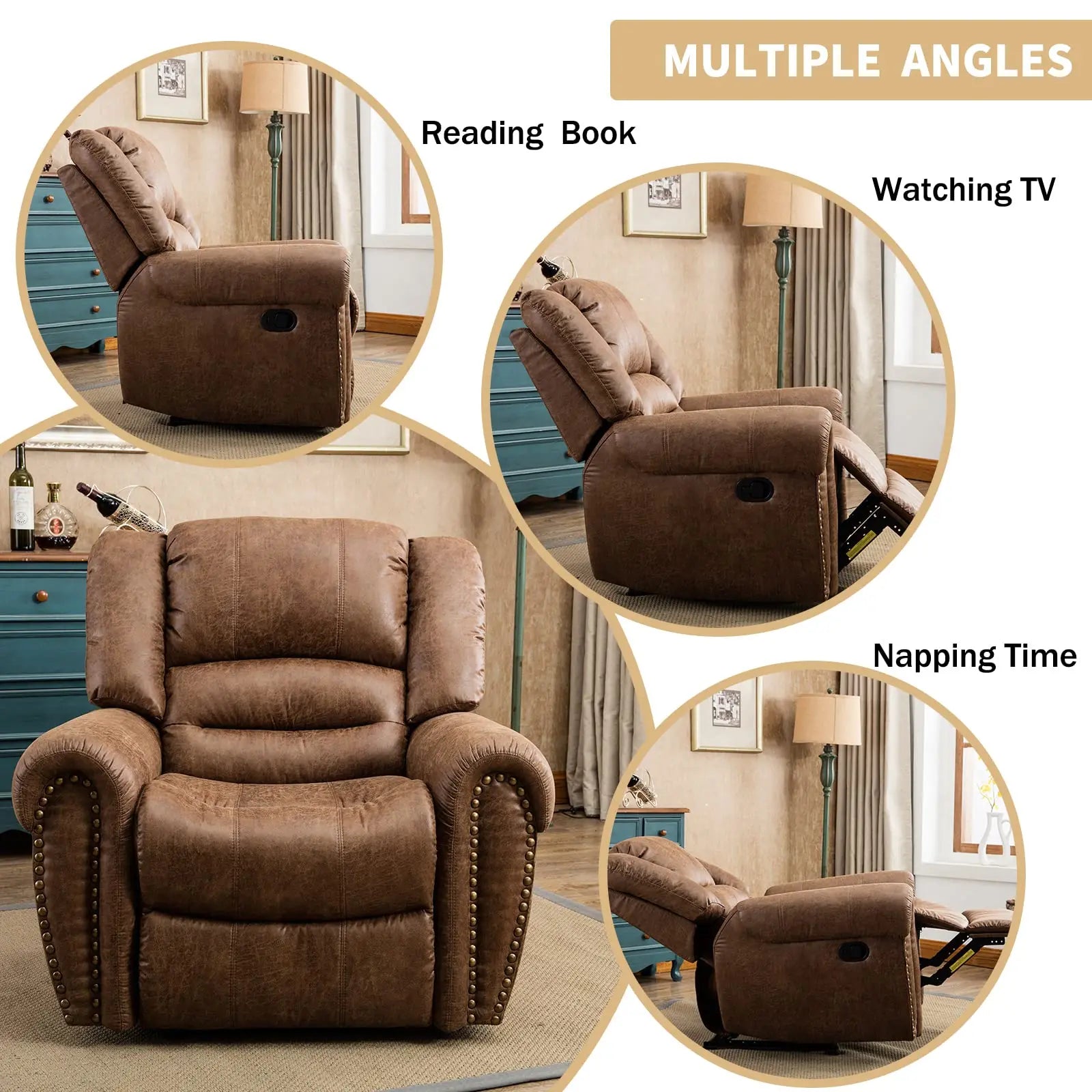 Leather Recliner Chair Manual Recliner Chair with Comfortable Arms and Back Single Sofa for Living Room - Nut Brown