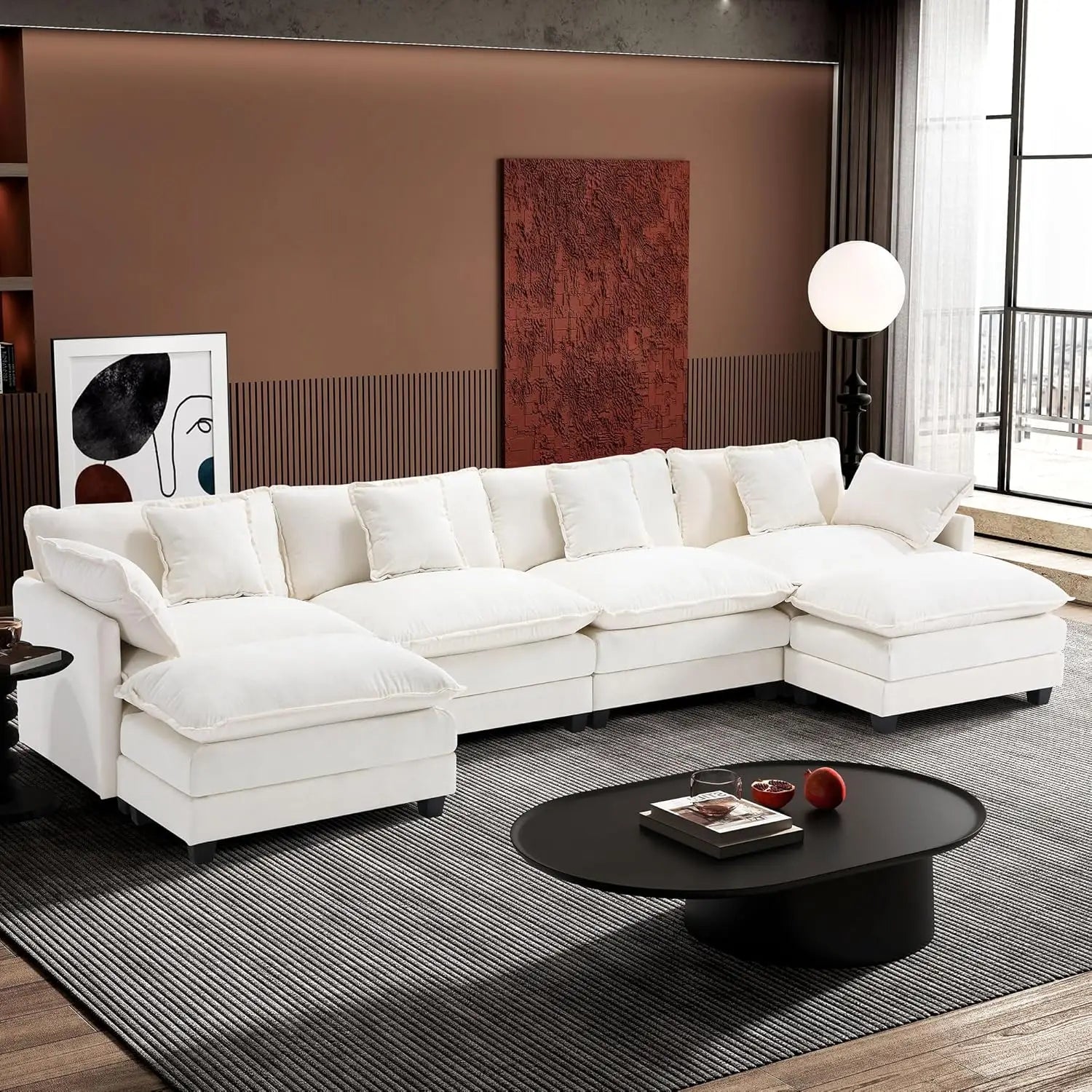 U-Shaped Modern Sofa Modular Sectional Cloud Couch with 2 Ottoman 6-Seat Chenille Deep Seat Sofa with 6 Pillows