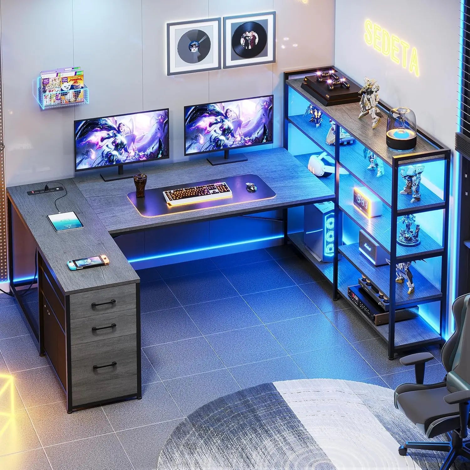 Computer Desk Reversible U Shaped Office Desk with 3 Fabric Drawers and Power Outlet Corner Gaming Desk with LED Lights