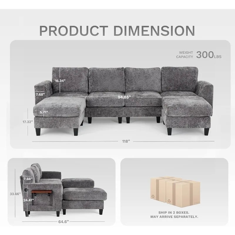 118’’ U-Shaped Sectional Couch 4-Seat Modular Sofa with 2 Ottomans and Foldable Side Table Grey for Living Room - Grey