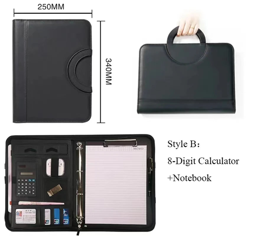 A4 Portable File Folder with Calculator Binder Organizer Manager Office Document Pad Briefcase PU Leather Padfolio Bag