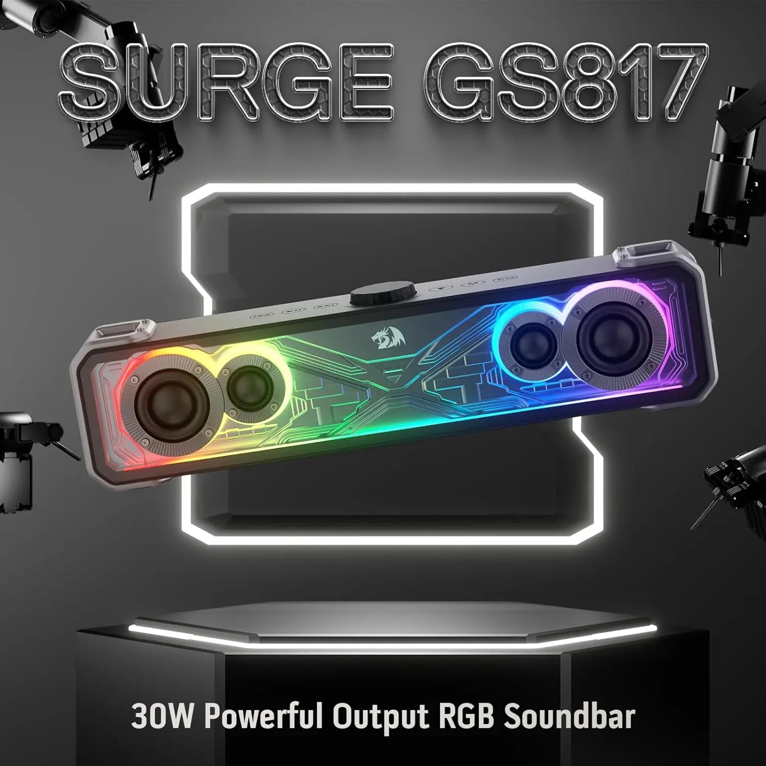Redragon GS817 RGB 2.0 Channel Stereo Speakers Touch-Control Bluetooth 5.3 & 3.5mm AUX Inputs Desktop Soundbar Black