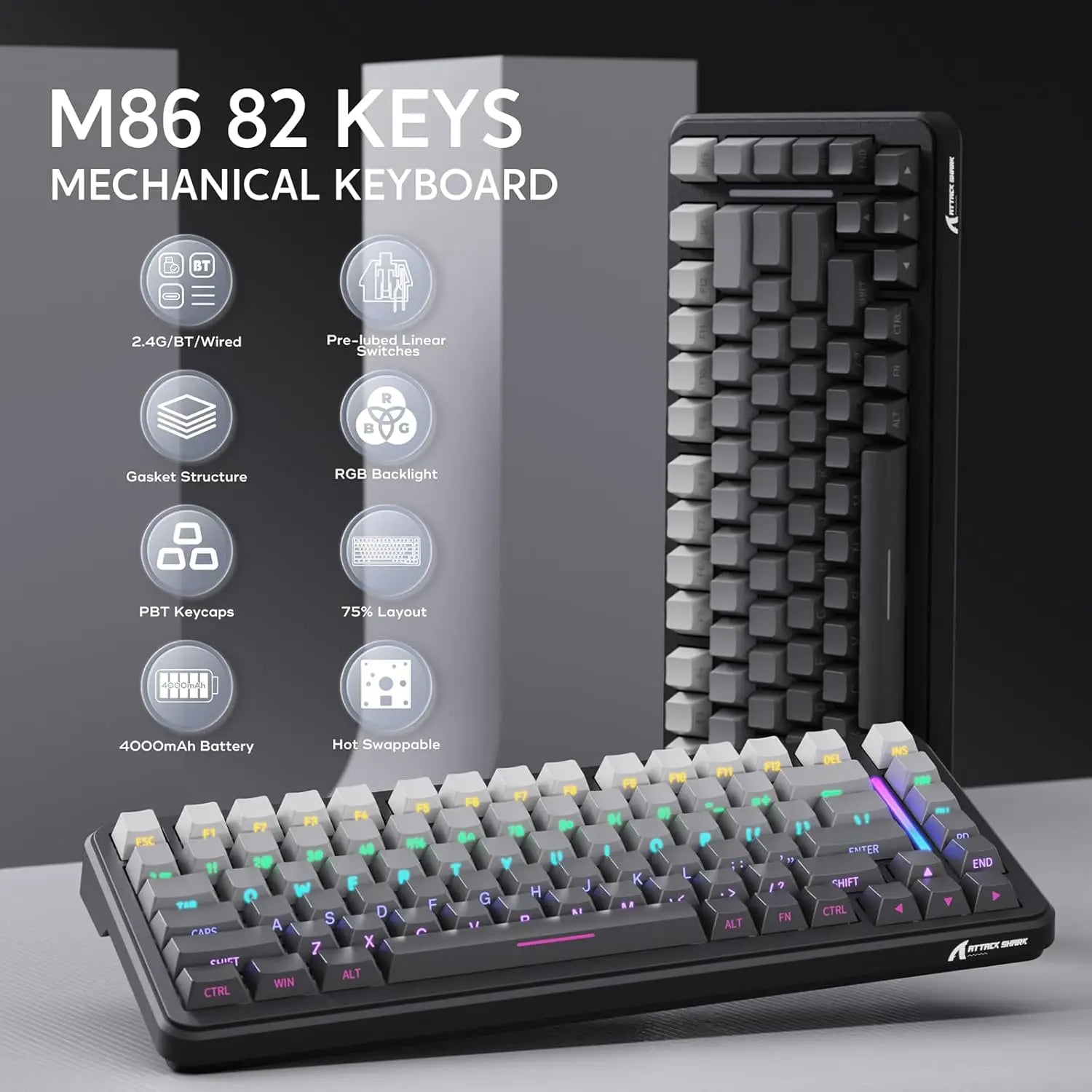 ATTACK SHARK M86 Wireless Mechanical Gaming Keyboard 75% Gasket Hot Swappable RGB Custom Keyboard Side Printed PBT