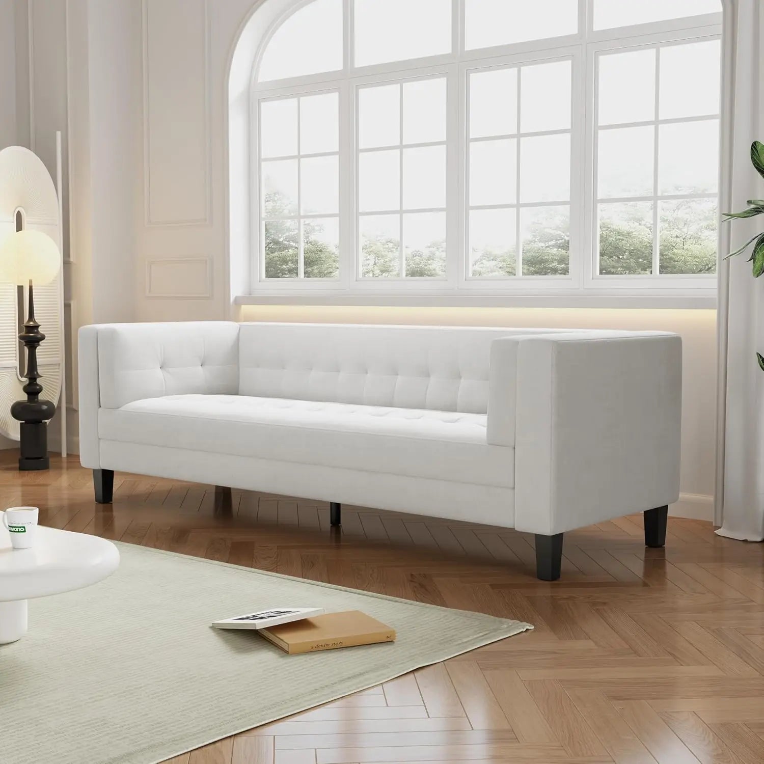 89.7’’ Minimalist Velvet 3-Seater Sofa with Tufted Cushions Modern Mid-Century Accent Deep Seat Couch with Solid Wood