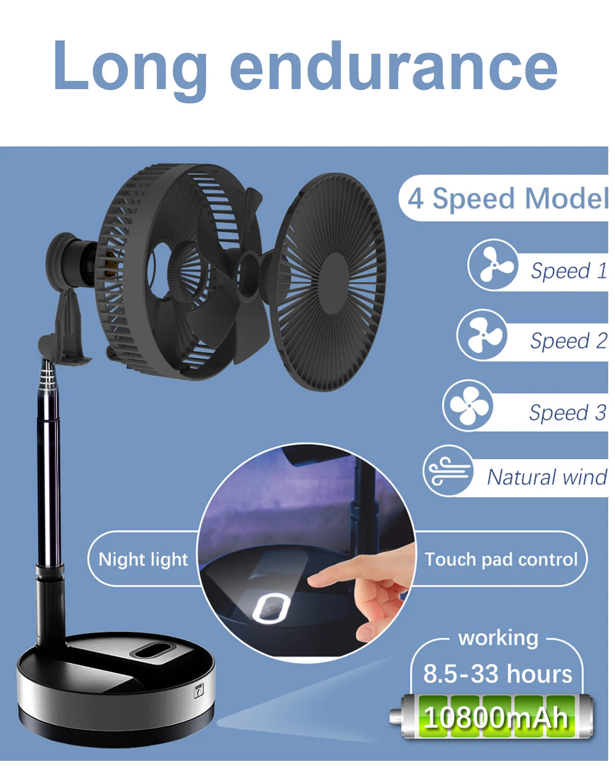 Foldable Fan Foldaway Oscillating with Remote Control 10800mAh Battery Operated Fans Portable for Outdoor Courtyard