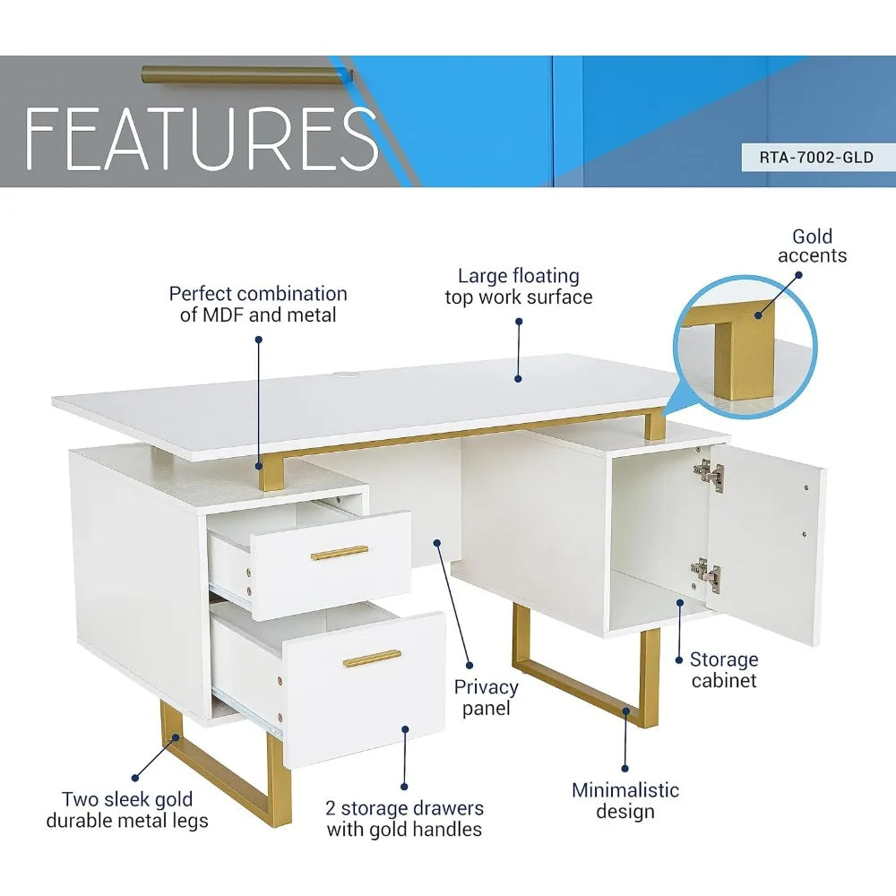 Drawers and Cabinet 51.25” W-Modern Office Large Floating Desktop Surface Desk 23.6’’ D x 51.2’’ W x 29.8’’ H
