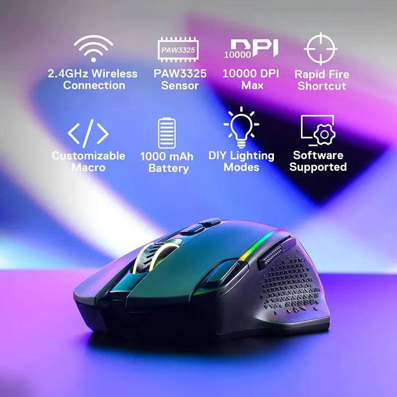 Redragon M810 Pro Wireless Gaming Mouse 10000 DPI Wired Gamer Mouse w/ Rapid Fire Key 8 Macro Buttons Black/White Mouse