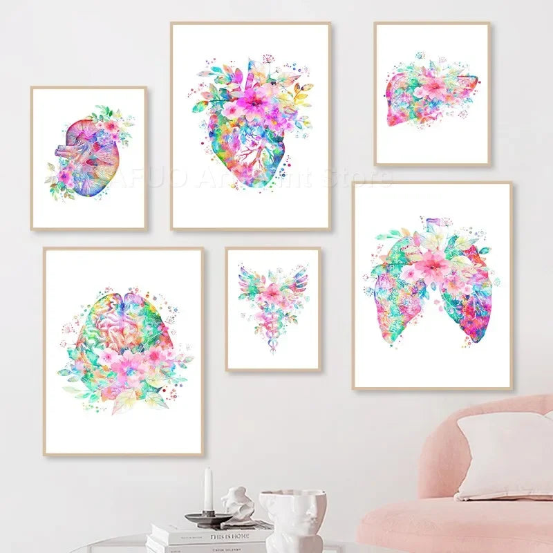 Heart Brain Lungs Kidney Rib Cage Liver Medical Floral Anatomy Poster Wall Art Canvas Print Painting Doctor Office