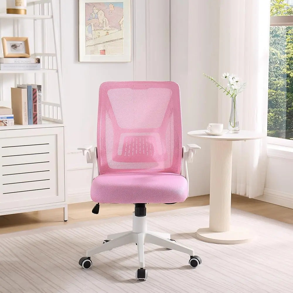Beige Desk Chair Mid-back Swivel Ergonomic Office Chair With Adjustable Arms Mesh Lumbar Support for Computer Task Work