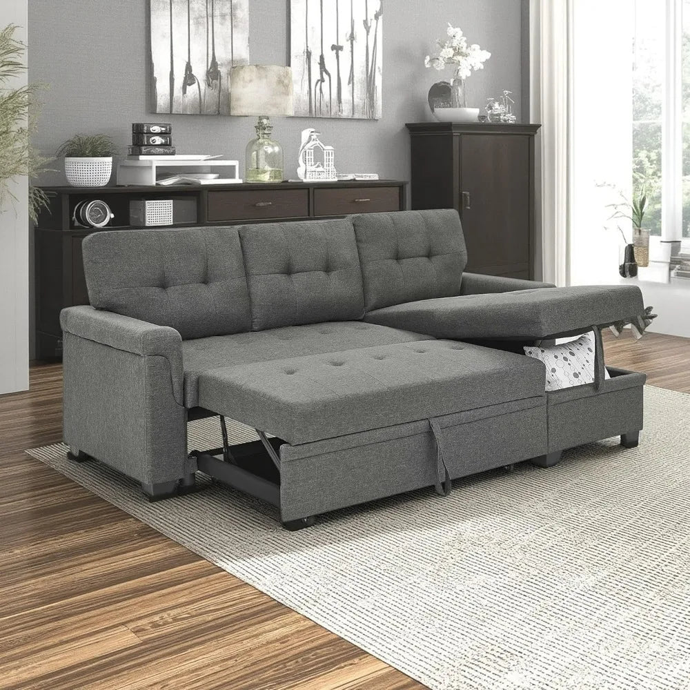 Gray Modern L-Shaped Sectional Sofa with Reversible Chaise Storage and Pull-Out Sleeper Bed for Living Rooms