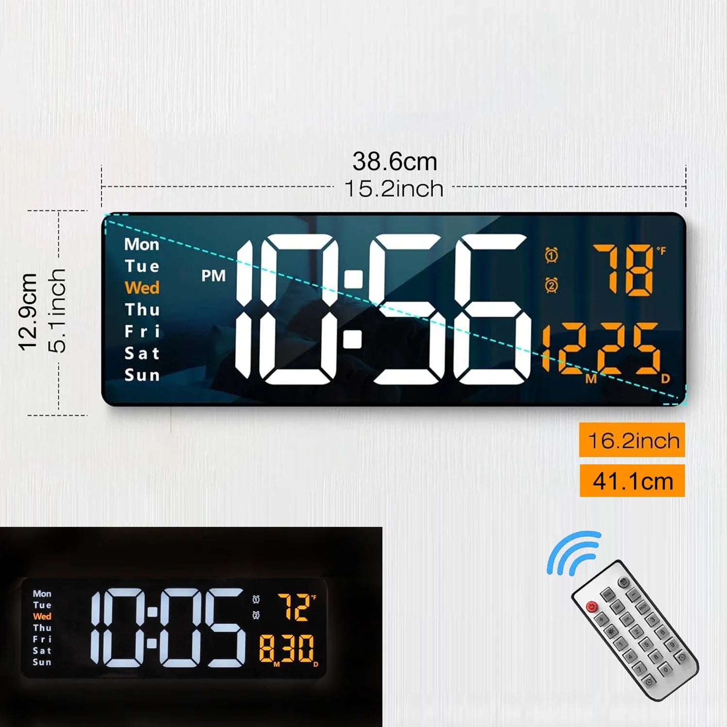 16.2’’ Large Digital Wall Clock with Remote Control Big LED/Dual Alarm/8 RGB Colors Digital Alarm Clock Electronic