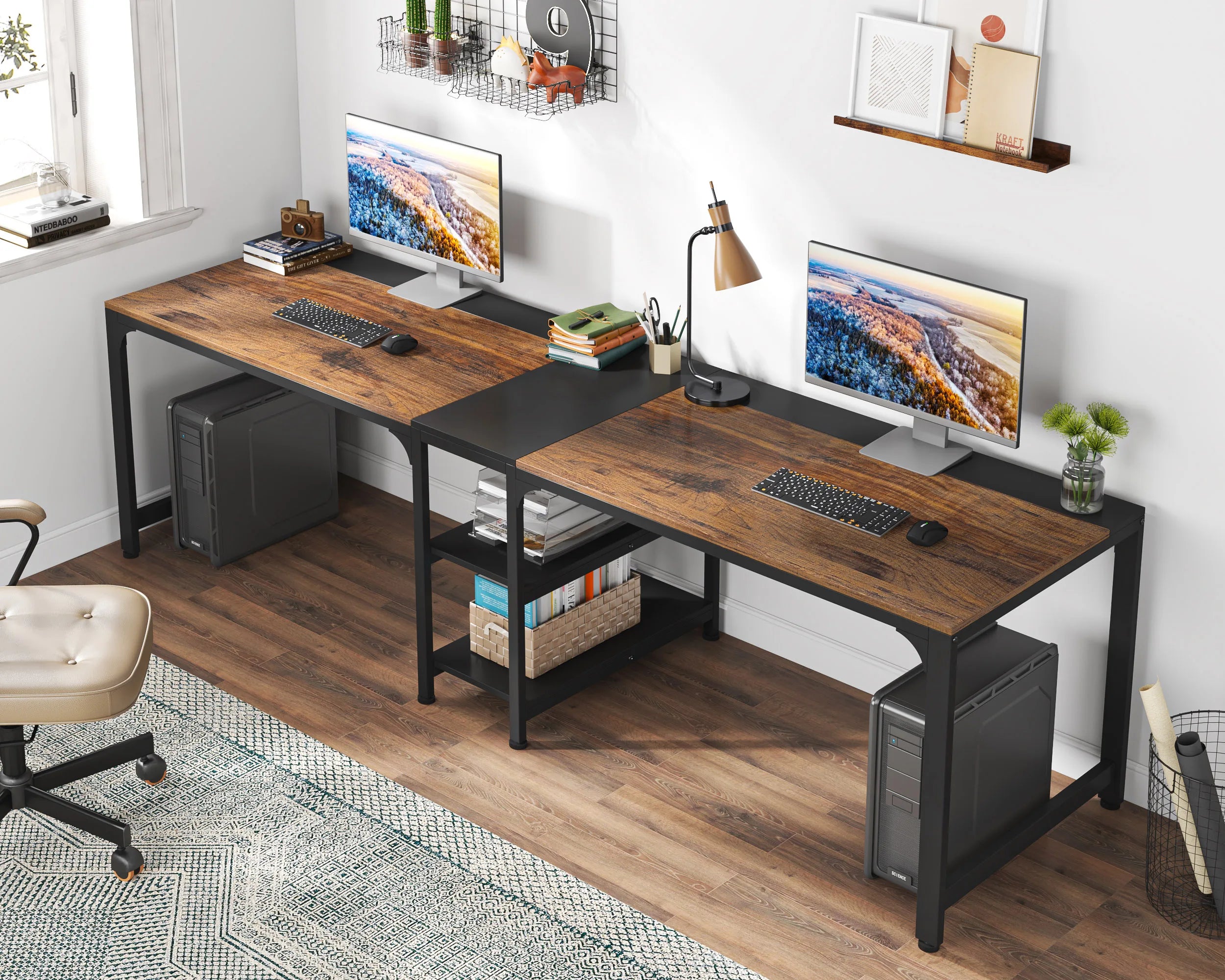 Tribesigns 90.55’’ 2 Person Desk with Storage Shelves Double Computer Desk with Spacious Desktop Extra Long Study