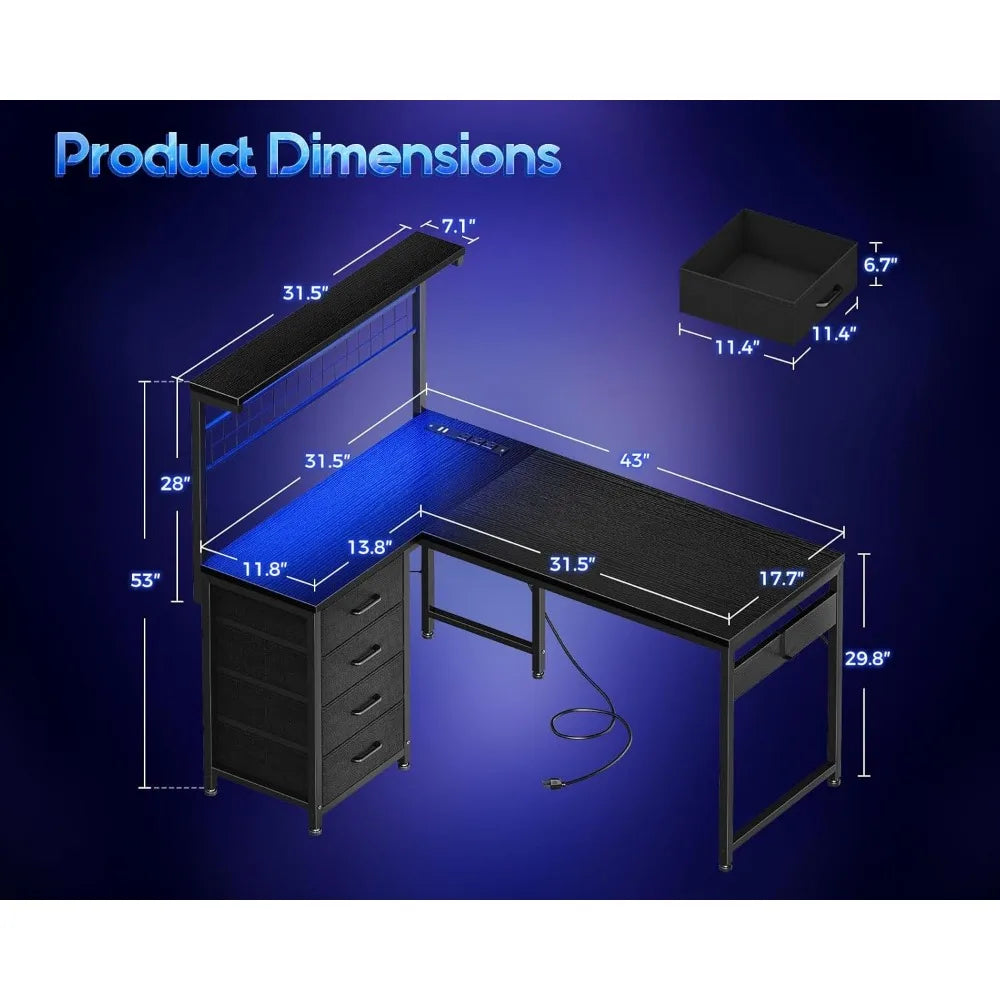 L Shaped Gaming Desk with Shelf & 4 Drawers 43 Reversible Computer Desk with LED Light Home Office Table with Hutch