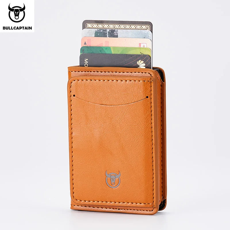 Bullcaptain Credit Card Holder Men Wallet RFID Blocking Protected Aluminium Box Leather Wallets with Money Clip Card