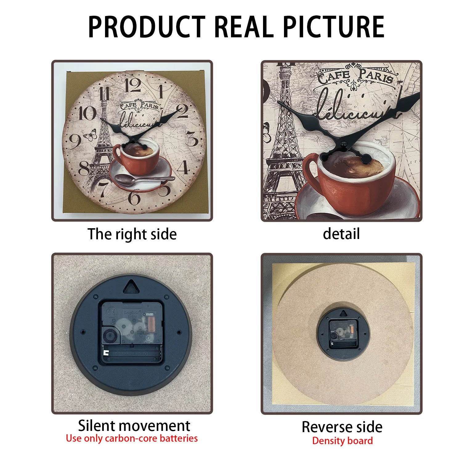 French Retro Paris Eiffel Tower Coffee Cup Wooden Wall Clock Living Room Bedroom Kitchen Home Decoration Wall Clock